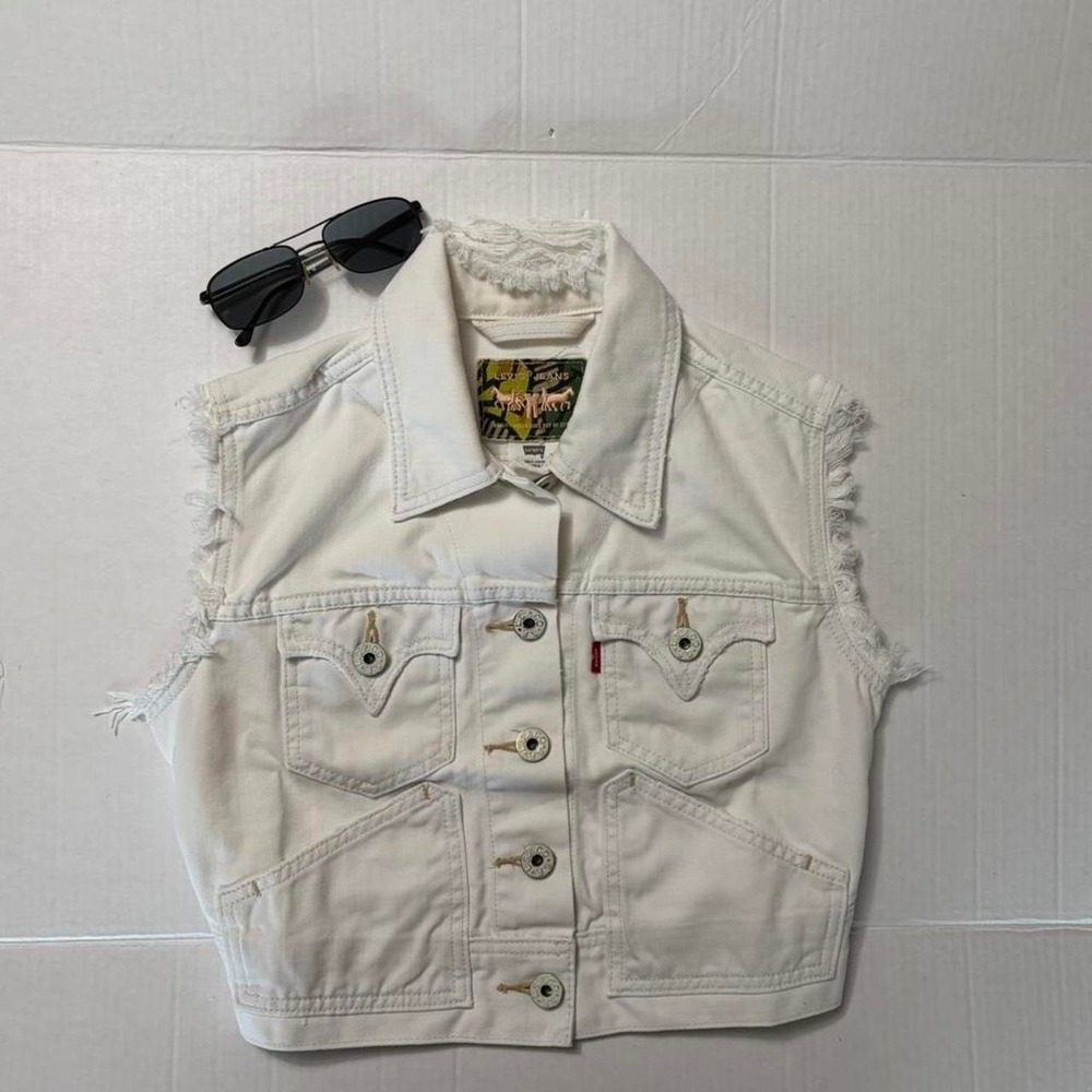 Levis Womens White Denim Vest Cropped Frayed Trucker Jacket Ramie Blend Small